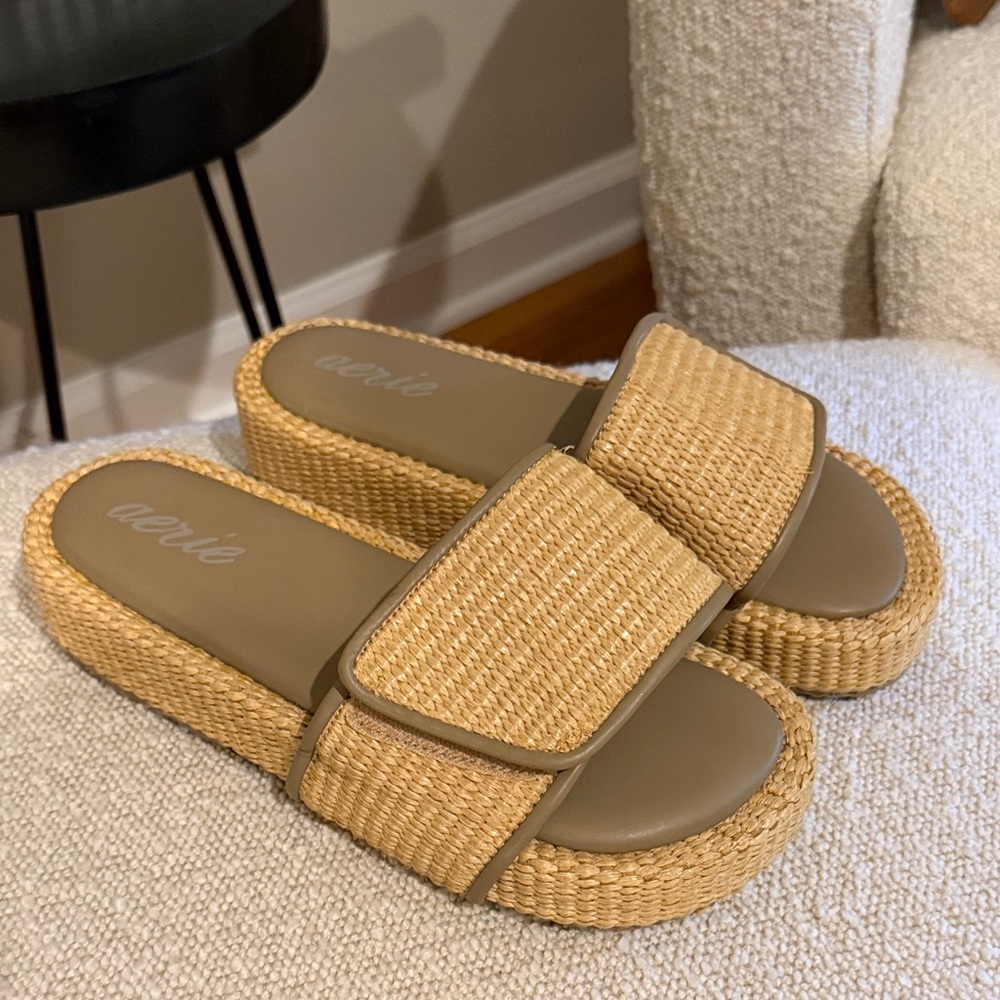 aerie Tan Woven Platform Slide Sandals